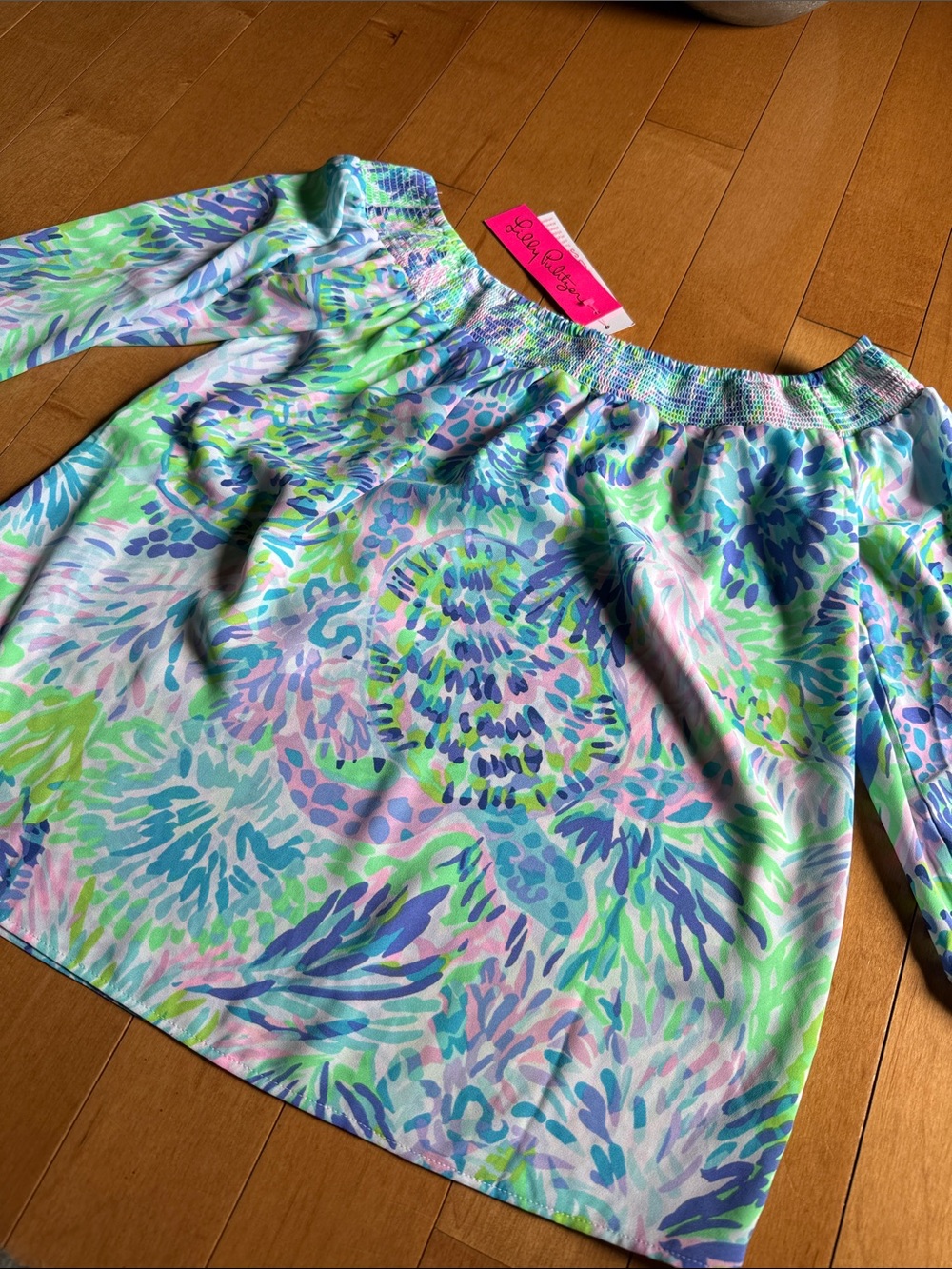 Lilly Pulitzer Off-Shoulder Floral Print Blouse in Pastel Blue, Green & Pink